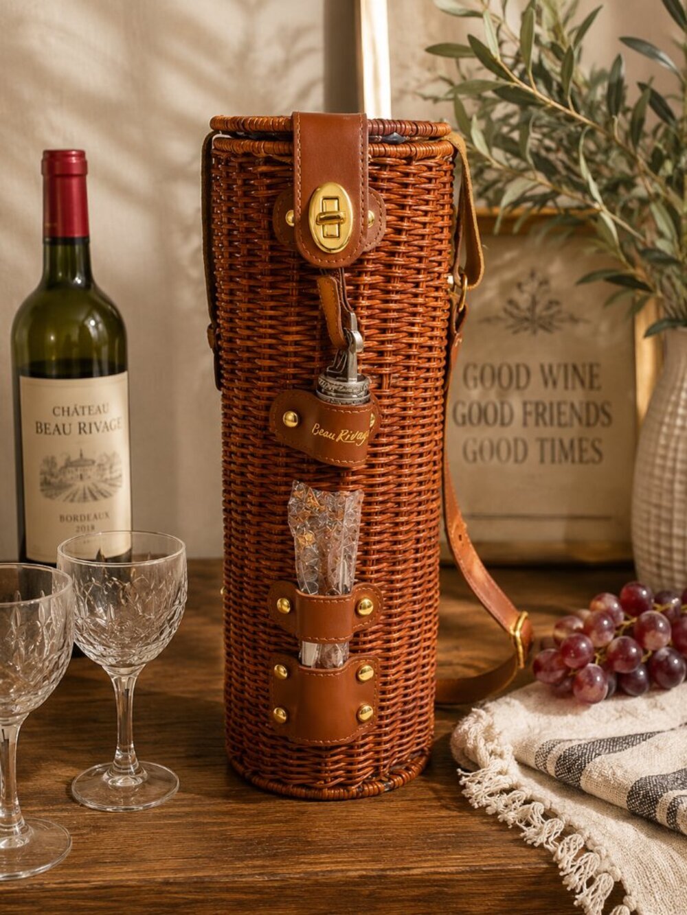 VTG Beau Rivage Wicker Wine BottleHolder Carrier Picnic Case w/Strap & Corkscrew